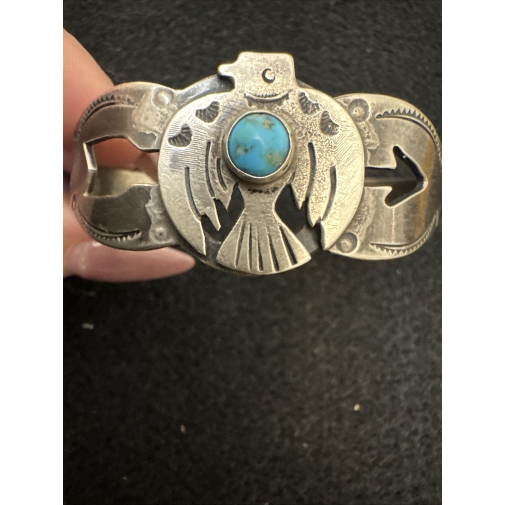 OLD FRED HARVEY era Navajo THUNDERBIRD Turquoise Sterling Bracelet - Picture 2 of 10